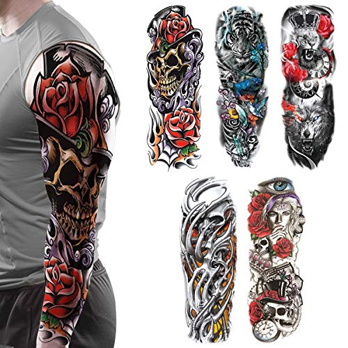 Full Arm Temporary Tattoo, 5 Sheets Temporary Tattoo Black tattoo Body Stickers for Man Women.