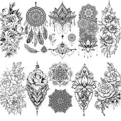 VANTATY 10 Sheets Beautiful Indian Black Henna Temporary Tattoos For Women Mandala Flower DreamCatcher Tattoo Stickers For Girls Body Art Arm Drawings Lace Fake Jewels Tatoo Pendants.