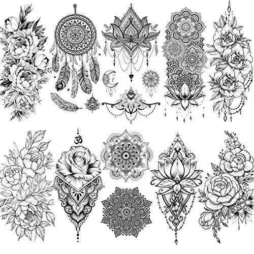 VANTATY 10 Sheets Beautiful Indian Black Henna Temporary Tattoos For Women Mandala Flower DreamCatcher Tattoo Stickers For Girls Body Art Arm Drawings Lace Fake Jewels Tatoo Pendants. VANTATY 10 Sheets Beautiful Indian Black Henna Temporary Tattoos For Women Mandala Flower DreamCatcher Tattoo Stickers For Girls Body Art Arm Drawings Lace Fake Jewels Tatoo Pendants.