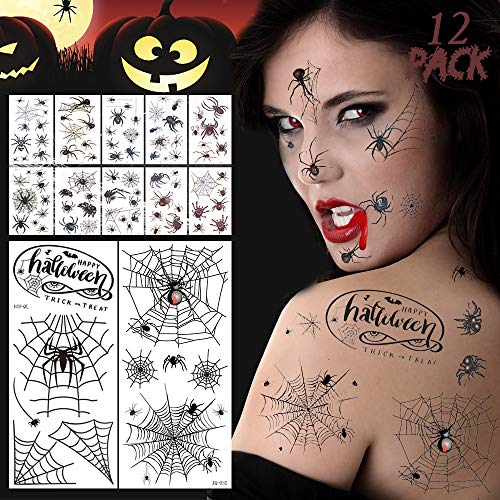 Spiders Tattoos Stickers, Temporary Halloween Spider Net Web Temp Stickers for Face/Shoulder/Arm/Back/Eye, Masquerade Party Favor, Cosplay, DIY, Temporales Black Horror Cobweb Tatuajes Decal