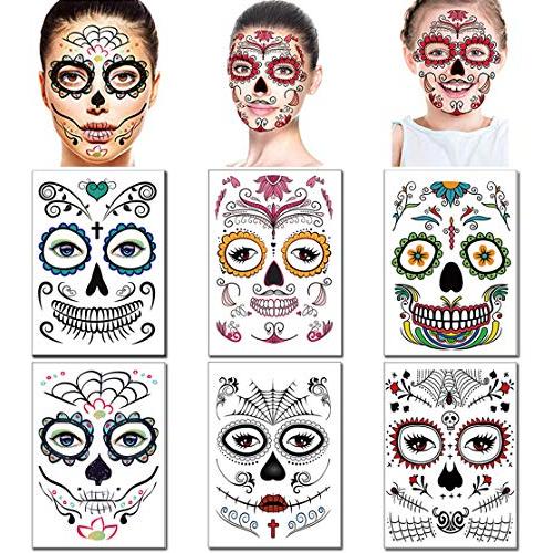 Halloween Face Tattoos Day of the Dead Stickers Sugar Skull s for Women Men Kids Face Makeup Kit Floral Skeleton Mask Tattoo Mexican Halloween Party Favor Supplies (6 Sheets)