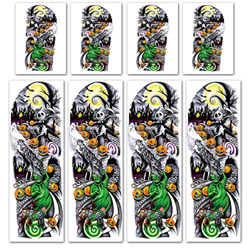 Leoars Nightmare Before Christmas Large Arm Tattoos, 4-Sheet Full Sleeve Temporary Tattoos and 4-Sheet Fake Half Arm Tattoo Stickers for Adult Women Men Kids Hallowen Party Makeup