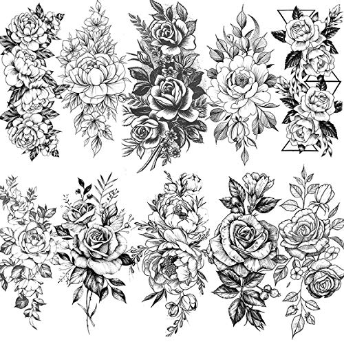 VANTATY 10 Sheets 3D Big Rose Peony Flower Girls Temporary Tattoos For Women Waterproof Black Tattoo Stickers 3D Blossom Lady Shoulder Tatoos Leaf DIY Costom Sexy Arm Chains Pattern.