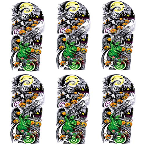 Leoars Nightmare Before Christmas Large Arm Tattoos, 6-Sheet Fake Halloween Half Arm Sleeve Temporary Tattoo Stickers for Adults Men Women Girls Kids Halloween Parties Makeup