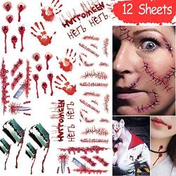 Halloween Zombie Scar Tattoo Sticker, 12 Sheets Waterproof Temporary Realistic Fake Bloody Wound Tattoos for Halloween Makeup, Cosplay and Masquerade Party