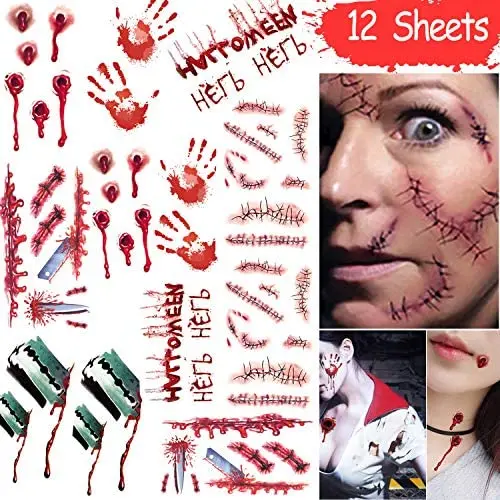 Halloween Zombie Scar Tattoo Sticker, 12 Sheets Waterproof Temporary Realistic Fake Bloody Wound Tattoos for Halloween Makeup, Cosplay and Masquerade Party Halloween Zombie Scar Tattoo Sticker, 12 Sheets Waterproof Temporary Realistic Fake Bloody Wound Tattoos for Halloween Makeup, Cosplay and Masquerade Party
