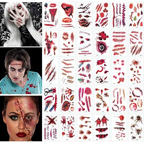 30 Sheets Temporary Scar Tattoos Stickers Realistic Fake Bloody Wound Scab Horror Body Face Decals Prank Props Makeup Masquerade Zombies Party Supplies Decor Fake Wounds for Halloween Cosplay