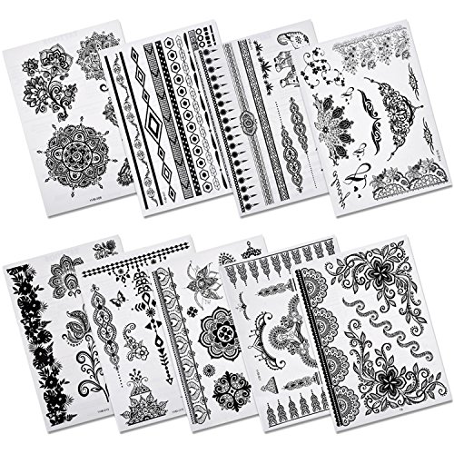 ABOAT Pack of 9 Sheets Henna Temporary Tattoo Black Art Sticker