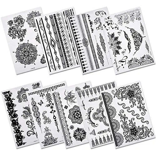 ABOAT Pack of 9 Sheets Henna Temporary Tattoo Black Art Sticker ABOAT Pack of 9 Sheets Henna Temporary Tattoo Black Art Sticker