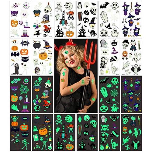 Halloween Tattoos for Kids, 100 Styles Assorted Halloween Temporary Tattoos Waterproof Glow in the Dark Stickers Party Favors for Adult Kids Halloween Trick or Treat Ghost Monster Pumpkin Tattoos