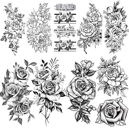 VANTATY 9 Sheets Charm Peony Rose Flower Temporary Tattoos for Women Body Art Blossoms Painting Washable Tattoo Stickers Fake Jewels Bracelet Design Forearm Tatoos for Adults Girls Wrist Arm