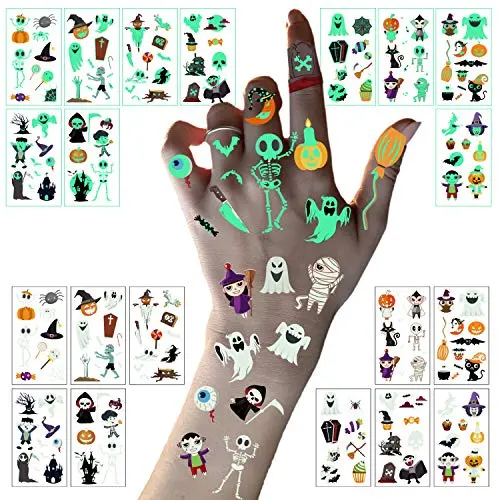 LessMo Halloween Glow in the Dark Tattoos, 10 Sheets Luminous Tattoo Stickers for Kids, Waterproof, Skeleton Pumpkin Cartoon, for Halloween Eve, Costume, Trick or Treat Party, Kids Gift LessMo Halloween Glow in the Dark Tattoos, 10 Sheets Luminous Tattoo Stickers for Kids, Waterproof, Skeleton Pumpkin Cartoon, for Halloween Eve, Costume, Trick or Treat Party, Kids Gift