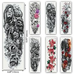 Kotbs 6 Sheets Full Arm Temporary Tattoo, Waterproof Extra Large Temporary Tattoos for Women Men Adults Black Skull Rose Body Art Tattoo Sticker Fake Tattoo