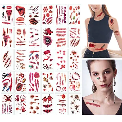 Halloween Zombie Scars Tattoos with Fake Scar Bloody Costume Makeup Halloween Decoration Terror Wound Scary Blood Injury Sticker (30 Sheets) Halloween Zombie Scars Tattoos with Fake Scar Bloody Costume Makeup Halloween Decoration Terror Wound Scary Blood Injury Sticker (30 Sheets)