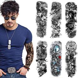 Leoars Militray Tattoo Sleeve Black Fake War Tattoo Full Arm Sleeve Temporary Tattoo Stickers Body Art for Man Women, 6-Sheet