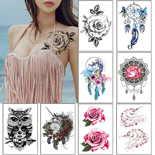 Temporary Tattoos Flowers Unicorn Owl Dreamcatcher Pattern for Women Halloween Tattoo stickers Gift Art Body Chest Shoulder Legs Removable Waterproofing (style8)