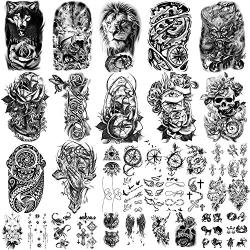 Yazhiji 36 Sheets Temporary Tattoos Stickers, 12 Sheets Fake Body Arm Chest Shoulder Tattoos for Men or Women with 24 Sheets Tiny Black