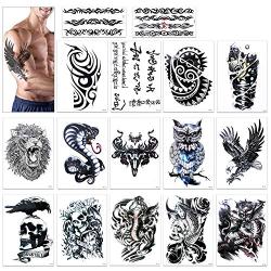 Temporary Tattoo for Guys for Man - Konsait Extra Fake Temporary Tattoo Black tattoo Body Stickers Arm Shoulder Chest & Back Make Up - Lion, Dead Skull,Koi Fish, Eagle Hawks Tribal Symbols