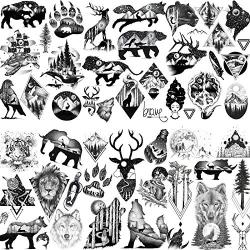 6 Sheets FANRUI Small Black Animals Temporary Tattoos For Women Kids Men Cute Geometric Mountain Forest Custom Lion Moon Star Fake Tattoo Sticker Waterproof Arm Children Tiny Hands Face Temp Tatoo Paw