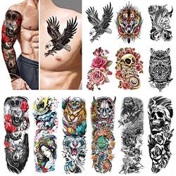 Full Arm Temporary Tattoos Extra Large Big Fake Body Tattoos Sticker for Adults Men Women, 12 Sheets Sleeve Waterproof Tattoo Lion Skull Stickers for Party Masquerade Halloween (QBXL)