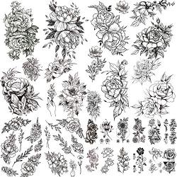 22 Sheets Large 3D Flowers Temporary Tattoos Stickers for Women, Including 10 Sheets Large Black Rose Peony Flowers, Waterproof Fake Tattoos Body Art Arm Sketch Tattoo Stickers for Women, Girls Beauty