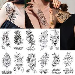 glaryyears 11 Sheets 24 Tattoos Black Flower Temporary Tattoos for Women, Realistic Henna Rose Fake Temporary Tattoo Stickers Waterproof on Wrist Arm Shoulder Body Art 3.5x7.5