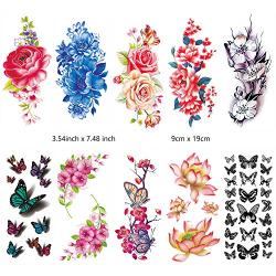 Flowers Temporary Tattoos Stickers, Roses, Butterflies and Multi-Colored Mixed Style Body Art Temporary Tattoos for Women, Girls or Kids