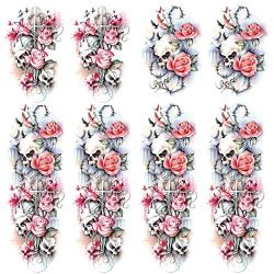 Leoars Halloween Temporary Tattoos, 4-Sheet Rose Flower Full Arm Sleeve Tattoos and 4-Sheet Fake Skull Rose Half Arm Tattoos Stickers for Men Women Girls Makeup