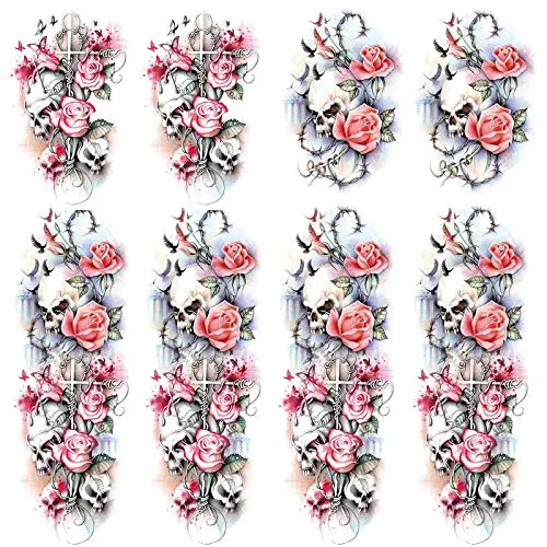Leoars Halloween Temporary Tattoos, 4-Sheet Rose Flower Full Arm Sleeve Tattoos and 4-Sheet Fake Skull Rose Half Arm Tattoos Stickers for Men Women Girls Makeup Leoars Halloween Temporary Tattoos, 4-Sheet Rose Flower Full Arm Sleeve Tattoos and 4-Sheet Fake Skull Rose Half Arm Tattoos Stickers for Men Women Girls Makeup