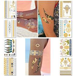 Metallic Temporary Tattoos for Women Teens Girls - 8 Sheets Gold Silver Temporary Tattoos Glitter Shimmer Designs Jewelry Tattoos - 100+ Color Flash Fake Waterproof Tattoo Stickers (Mustique)