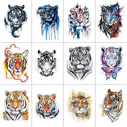 WYUEN 12 PCS/lot Wolf Temporary Tattoo Sticker for Women Men Fashion Body Art Adults Waterproof Hand Fake Tatoo 9.8X6cm FW12-01 (Tiger1)