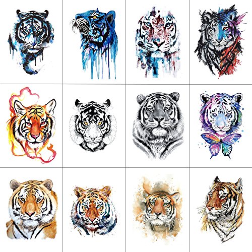 WYUEN 12 PCS/lot Wolf Temporary Tattoo Sticker for Women Men Fashion Body Art Adults Waterproof Hand Fake Tatoo 9.8X6cm FW12-01 (Tiger1)