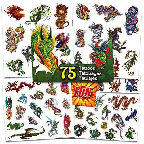 Dragon Temporary Tattoos Party Favor Set -- 75 Dragons Temporary Tattoos with Popart Stickers (Dragon Party Supplies) Dragon Temporary Tattoos Party Favor Set -- 75 Dragons Temporary Tattoos with Popart Stickers (Dragon Party Supplies)