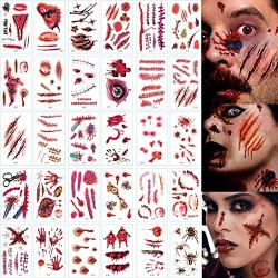 Halloween Scar Temporary Tattoos,Realistic Fake Face Scar Blood Wounds Zombie Vampire Bite Spider Stitches Bloody Tattoo Sticker for Adults Kids Bulk,3D Waterproof Halloween Theme Makeup Prank Props