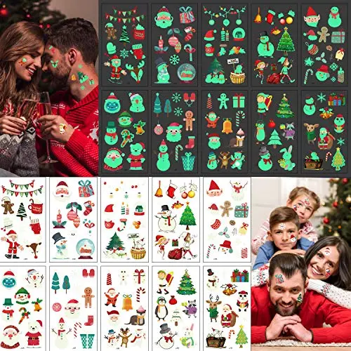 LessMo Christmas Glow in the Dark Temporary Tattoos, 10 Sheets Xmas Luminous Tattoo Stickers for Kids Adults, Cute Cartoon, for Stocking Stuffings, Holiday Birthday Party Favors, Christmas Eve LessMo Christmas Glow in the Dark Temporary Tattoos, 10 Sheets Xmas Luminous Tattoo Stickers for Kids Adults, Cute Cartoon, for Stocking Stuffings, Holiday Birthday Party Favors, Christmas Eve