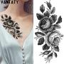 VANTATY 8 Sheets Petal 3D Black Flower Rose Temporary Tattoos For Women Waterproof Fake Body Art Arm Sketch Tattoo Stickers For Girls Shoulder Arm Leaf Tatoo Adults Beauty.