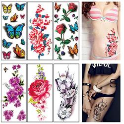 Flower Temporary Tattoos for Women Adults 3D Butterfly Rose Tattoo Sexy Fake Tattoo Stickers Waterproof Body Art Temp Tattoo Paper Colored Floral Lily Lotus Peony Festival Makeup Tattoo 12 Sheets