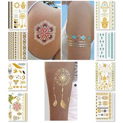 Metallic Temporary Tattoos for Women Teens Girls - 8 Sheets Gold Silver Temporary Tattoos Glitter Shimmer Designs Jewelry Tattoos - 100+ Color Flash Fake Waterproof Tattoo Stickers (Caicos)