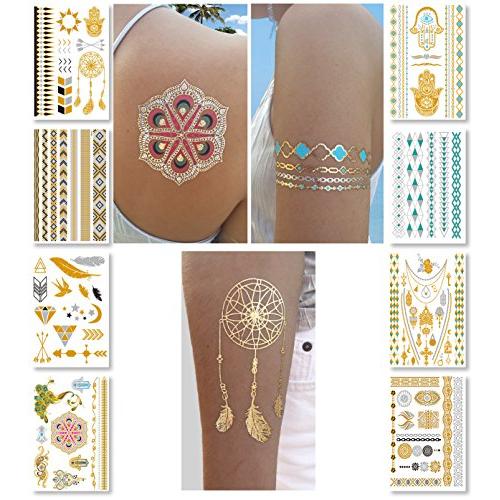Metallic Temporary Tattoos for Women Teens Girls - 8 Sheets Gold Silver Temporary Tattoos Glitter Shimmer Designs Jewelry Tattoos - 100+ Color Flash Fake Waterproof Tattoo Stickers (Caicos)