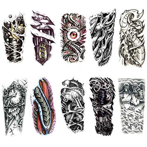 Ooopsiun 10 Sheets Large Temporary Tattoos For Men Adults, Punk Mechanical Waterproof Arm Fake Tattoos For Men