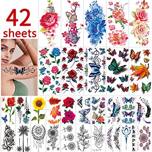 42 Sheets Flowers Temporary Tattoos Stickers, Roses, Butterflies and Multi-Colored Mixed Style Body Art Temporary Tattoos for Women, Girls or Kids