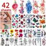 42 Sheets Flowers Temporary Tattoos Stickers, Roses, Butterflies and Multi-Colored Mixed Style Body Art Temporary Tattoos for Women, Girls or Kids