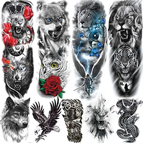 Rejaski 9 Sheets Super Long Full Arm Temporary Tattoo Sleeves For Men Women Realistic Lion Wolf Body Art Chest Shoulder Fake Tatoos Paper Waterproof Large Eagle Dragon Animal Temporary Tattoos Sticker Rejaski 9 Sheets Super Long Full Arm Temporary Tattoo Sleeves For Men Women Realistic Lion Wolf Body Art Chest Shoulder Fake Tatoos Paper Waterproof Large Eagle Dragon Animal Temporary Tattoos Sticker