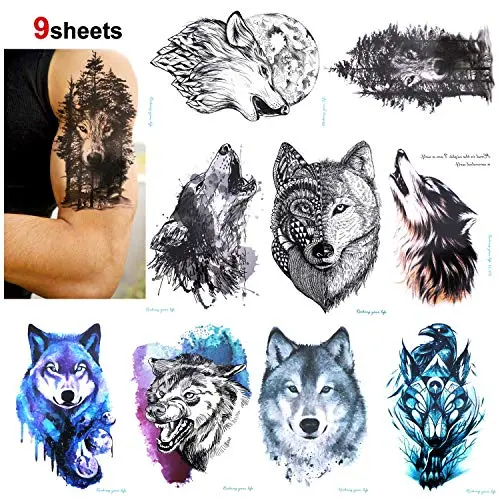 Konsait 9 Sheet Wolf Temporary Tattoo Sticker for Adult Women Men Fashion Body Art Waterproof Temporary Tattoo Fake Tattoo Arm Hand Back, 21X15cm Konsait 9 Sheet Wolf Temporary Tattoo Sticker for Adult Women Men Fashion Body Art Waterproof Temporary Tattoo Fake Tattoo Arm Hand Back, 21X15cm