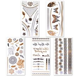 Lady Up Waterproof Metallic Temporary Tattoo 20 sheets in Gold Silver Tattoos,Shimmer Temporary Tattoos for Body Art