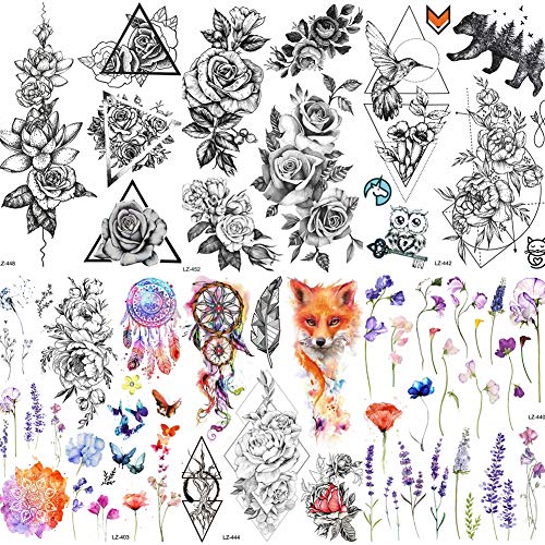 COKTAK 6 Pieces/Lot Large 3D Flower Rose Temporary Tattoos Stickers For Women Girls DOT Pattern Sexy Body Art Big Arm Tatoo Lavender Black Geometric Watercolor Tattoo Daisy Peony Sweetpea Lily Flora