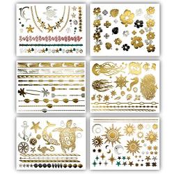 Terra Tattoos Tropical Hawaiian Metallic Tattoos - 75 Gold Silver Temporary Tattoos Turtles, Dolphins, Stars, Sun, Moon, Starfish, Seahorse, Coral, Palm Trees, Hibiscuses, Puka Shells & more!