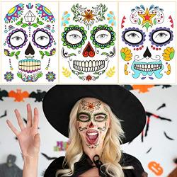 Halloween Decorations Costumes Temporary Tattoos Stickers Face Makeup Waterproof 9 Sheets Gems Flower Skull Mask Make up for Women Kids Party Decors