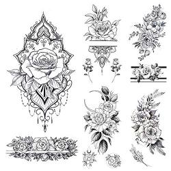 glaryyears 11 Sheets 24 Tattoos Black Flower Temporary Tattoos for Women, Realistic Henna Rose Fake Temporary Tattoo Stickers Waterproof on Wrist Arm Shoulder Body Art 3.5x7.5