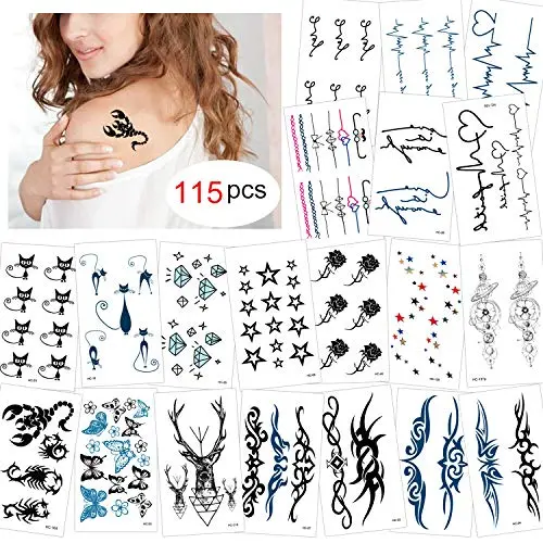 Konsait 115pcs Temporary Tattoos for Adults Men Women Kids, Waterproof and Fake Tiny Temporary Tattoos Body Art Sticker Face Arm Hand Neck Wrist, Cat Star Flower Scorpion Graphic Elk Konsait 115pcs Temporary Tattoos for Adults Men Women Kids, Waterproof and Fake Tiny Temporary Tattoos Body Art Sticker Face Arm Hand Neck Wrist, Cat Star Flower Scorpion Graphic Elk